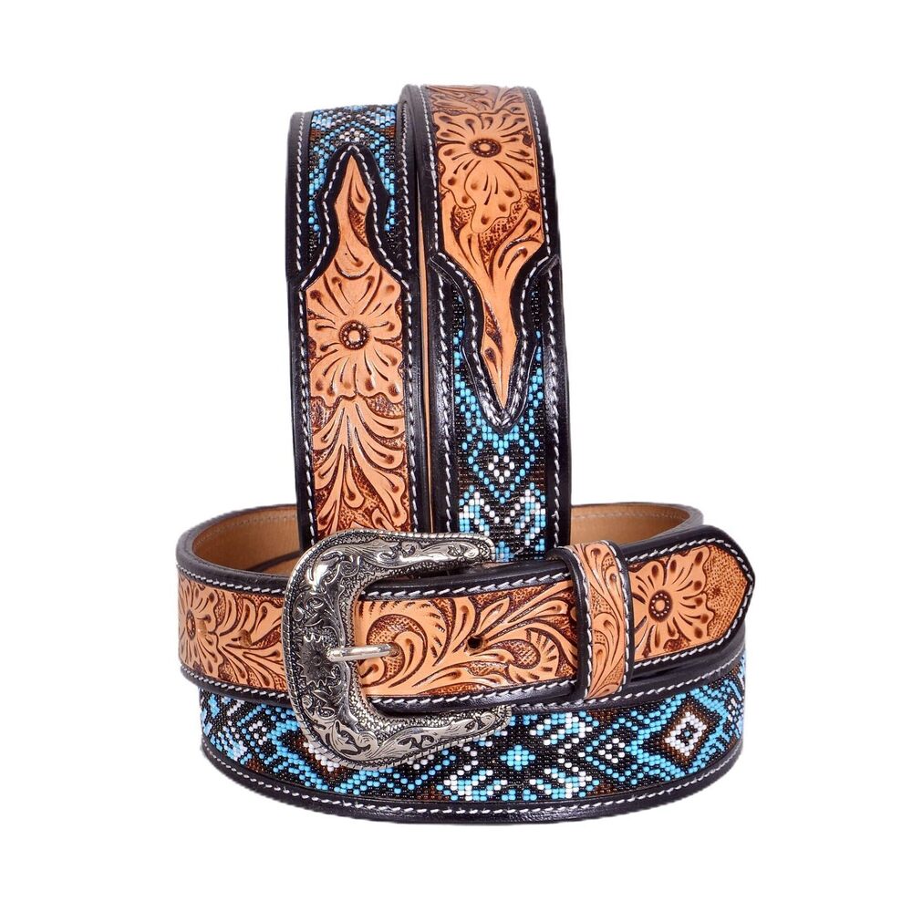 5466 Western Tooled Leather Beaded Belt For Men And Women